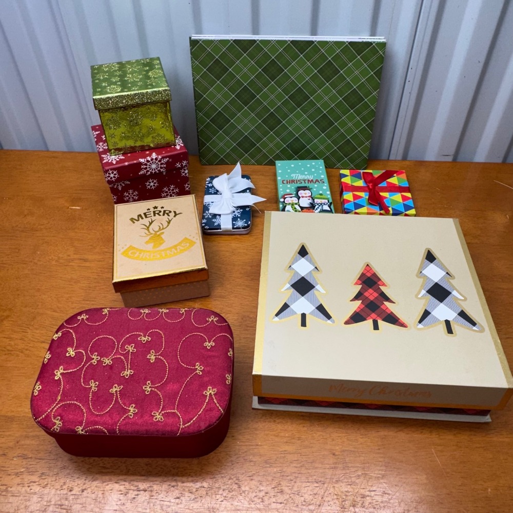 Christmas Gift Box Lot Assorted Decorative Holiday Tins Fabric Satin Lined Set